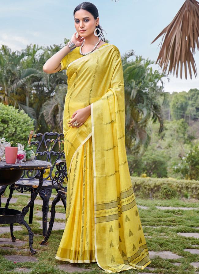 Cotton Yellow Daily Wear Weaving Saree